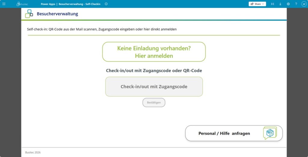 Screenshot Besuchermanagement-App selbst einchecken oder auschecken Screenshot Besuchermanagement-App selbst einchecken oder auschecken